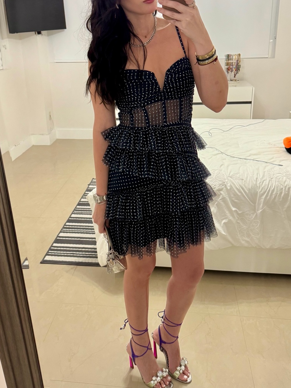 Navy Blue Polka Dot Tiered Mesh Dress